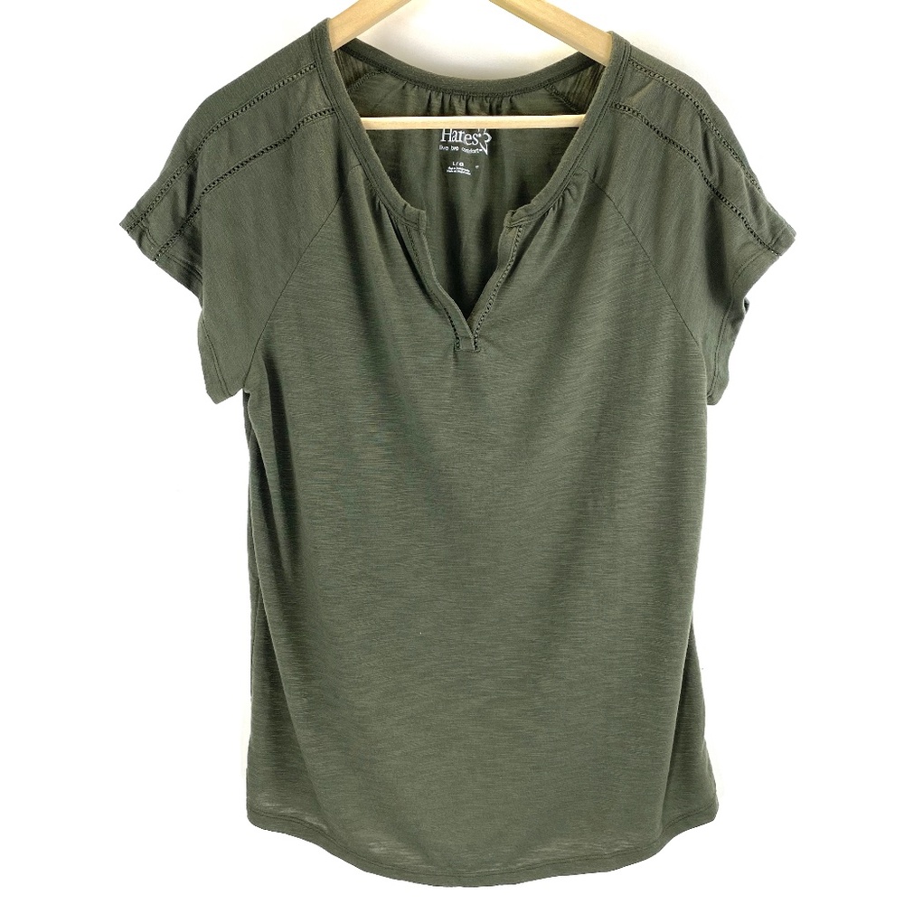 Hanes Olive Green V Neck Short Sleeve Top Size Large